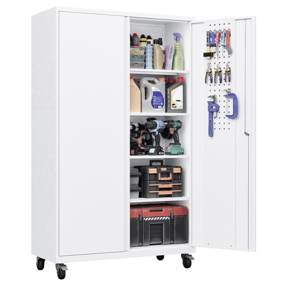 AUHUP Wider & Deeper Metal Storage Cabinet with Wheels,Tall Rolling Garage Storage Cabinet with Pegboards,White Garage Metal Cabinets with Lock and Shelves, 43''Wx 20''Dx71"H