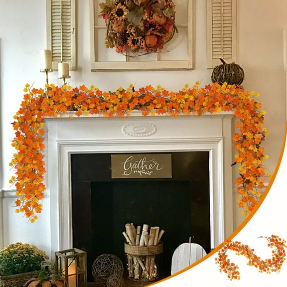 AUHomi 1 Pack Fall Maple Leaves Garland, 6.56Ft/Piece Artificial Fall Garland Hanging Maple Leaves Vine, Thanksgiving Garland for Home Fireplace Party Wall Decor, Orange, A