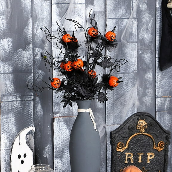 AUHomi 1 Pack Halloween Branches Picks Stems, Glitter Fake Twig with Pumpkin Black Maple Leaves for Vases Haunted House Gothic Floral Decor, Artificial Berry Stems (Not Include Vase)