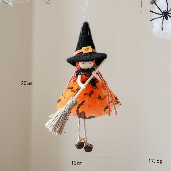 AUHomi 1 Pack Halloween Witch Decorations, Small Witch with Gauze Skirt Hanging Pendant, Sorceress Doll with Broom for Indoor Outdoor Halloween Decor Tree Door Porch Party Supplies (Orange)