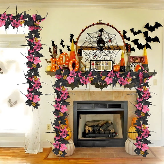AUHomi 1PC 5.74FT Artificial Halloween Garland, Plastic Flower Garland, Fake Rose Vine with Black Leaves for Halloween Indoor Outdoor Wall Decor (Pink)