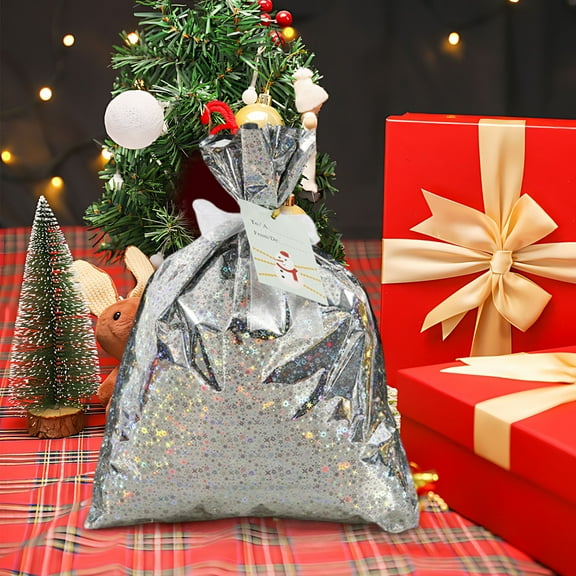 AUHomi 1PC Goodie Gift Bags, Party Favor Bags, Gift Wrapping Bag, Holiday Treats Bags with Ribbon Ties and Tags, For Families Friends in All Occasion of Celebration (Silver)