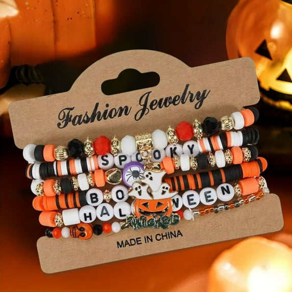 AUHomi 1PC Halloween Bracelets for Women, Handmade Stackable Stretch Clay Bead Bracelet, Ghost Pumpkin Bat Spider Bracelet, Halloween Party Crystal Jewelry Gifts (B)