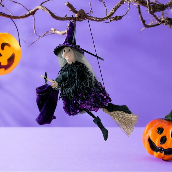 AUHomi 1PC Halloween Decoration Hanging Witch Toys, Flying Witch Decor on Broom, Horror Witch Wizard Figurine Ornaments Holiday Season Festive Decor Props (Purple)