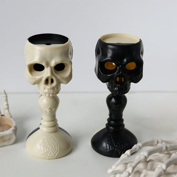 AUHomi 1PC Halloween Skull Lights, LED Electronic Candle Lights, Decoration Props Lights, Skull Candlestick Lights, Spooky Party Table Decorations, Gothic Tabletop Cranium Skeleton Head Candlestick