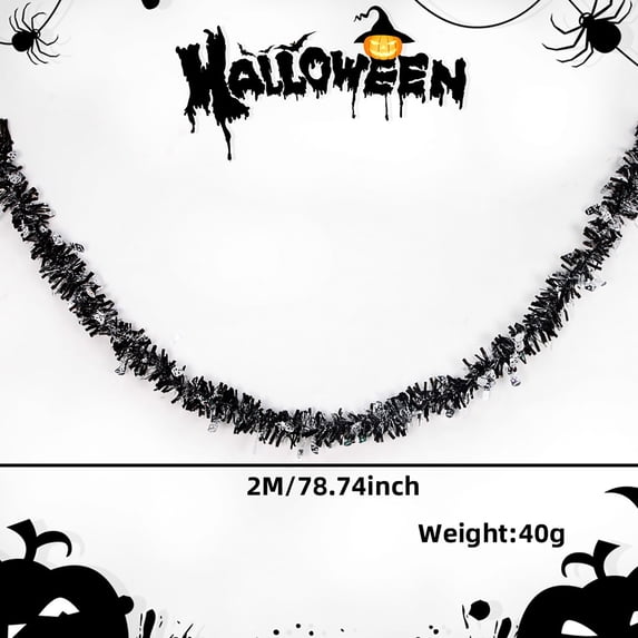 AUHomi 1PC Halloween Tinsel Garland, 6.56FT Metallic Tinsel Twist Mixed Color Pumpkin Bat Skull Glitter Holiday Hanging Tinsel Decorations for Halloween Party Indoor Outdoor Halloween Decorations(C)