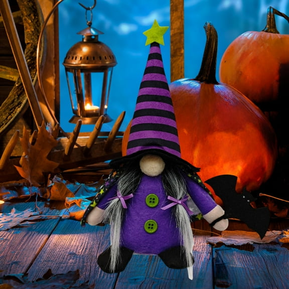 AUHomi 1PCS Halloween Gnome, Handmade Plush Witch Dolls with Black Witch Cloak Hat, Fall Elf Stuffed Gnome Gifts, Home Table Decor Halloween Party Supplies (Purple)