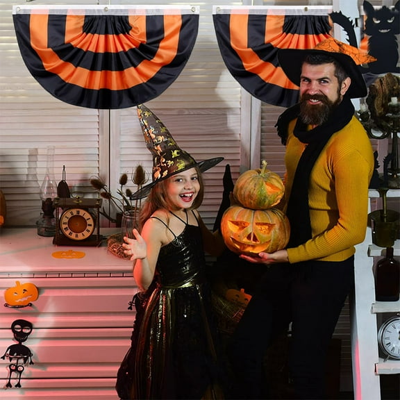 AUHomi 2Pcs 47 x 24 inch Halloween Flag Bunting Half Fan Hanging Pleated Flag Banner with 3 Grommets, Halloween Indoor Outdoor House Holiday Yard Decorations Party Props, Black Orange