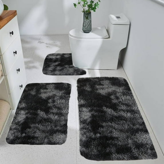 AUHomi 3 PCS Shaggy Bath Mat Set, Soft Absorbent Plush Microfiber Bathroom Rugs, Non Slip Washable Easy To Dry Toilet Mats (Black)