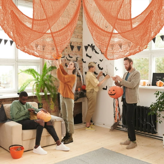 AUHomi 30 x 72 Inch Halloween Creepy Cloth - Orange Halloween Scary Spooky Cloth - Windows Doorways Cover Gauze for Halloween Party Haunted House Decorations (Orange)