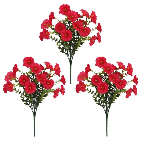AUHomi 3PC Realistic Outdoor Artificial Flowers, 14in Artificial Morning Glory Fake Silk Flowers, Outdoor UV Resistant for Garden Plants Bush, Rose Red