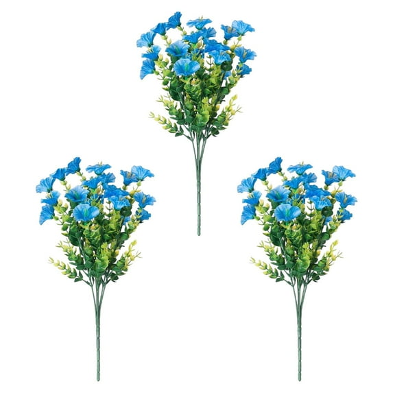 AUHomi 3PC Realistic Outdoor Artificial Flowers, 14in Artificial Morning Glory Fake Silk Flowers, Outdoor UV Resistant for Garden Plants Bush, Blue