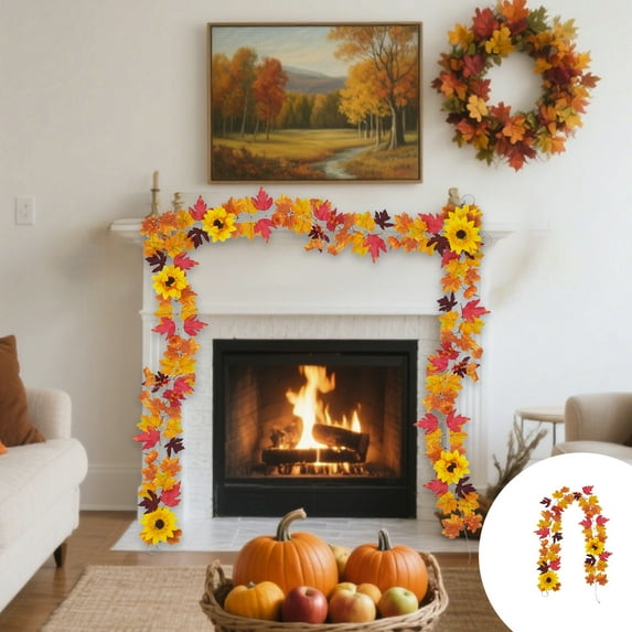 AUHomi 5.74Ft Artificial Fall Wreath, Porch Decor White Pumpkin Maple Leaf Thanksgiving Garland Decorative Wall Window, Elegant Autumn Wreath (C)