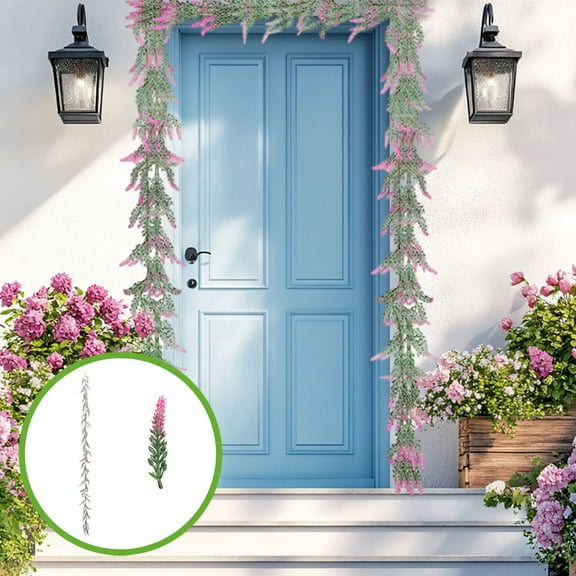 AUHomi 6Ft Purple Lavender Artificial Garland Decor, Summer Fall All Year Lavender Deep Purple Garland, Green Wreath Vines Decorations for Table Home Wedding Mantle Arch Porch Party (A)