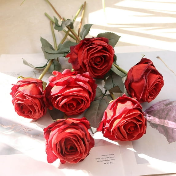 AUHomi 6PCS Red Artificial Rose – 14.9" Extra Large Faux Rose for Wedding, with Green Leaves, Rose Flower for Indoor Outdoor Event Decoration, Birthday Parties Décor