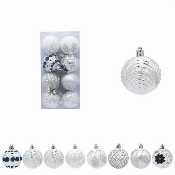 AUHomi Christmas Ball Ornaments Set, 8PC 2.4" Elegant Silver Assorted Xmas Tree Ball Ornaments, Shatterproof Christmas Tree Hanging Ornaments for Xmas Decoration