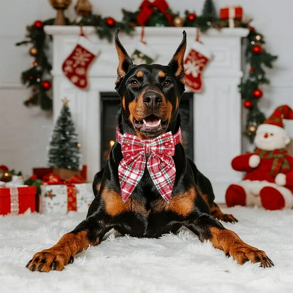AUHomi Christmas Dog Collar with Bow Tie, Adjustable Christmas Classic Plaid Dog Collar, Soft Durable Holiday Dog Collar for Small Medium Dogs Pet Puppy (Red & White, C)
