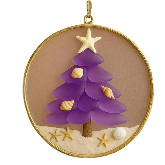 AUHomi Coastal Christmas Tree Ornament, Handmade Sea Glass & Shell Tree Hanging Ornaments with Rope, DIY Beach Themed Car Mirror Display Decor, Christmas Holiday Decor for Sea Lovers (Purple)