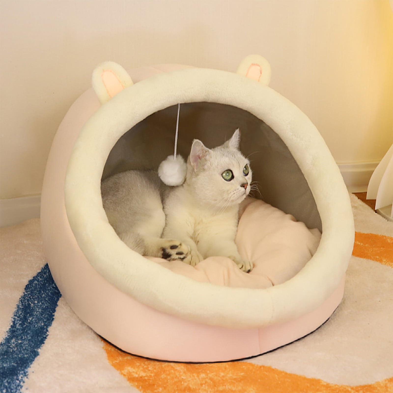 AUHomi Cute Cat Bed for Indoor Cats, Semi-Enclosed Soft Half-Covered Cat Bed, Thickening and Warm in Winter, Warm Soft Cave Fit for Cat Up to 16 Lb and Puppy, Pink