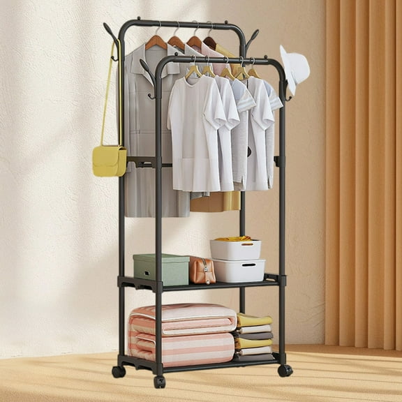 AUHomi Double Rods Clothing Garment Rack with Wheels and Storage Box, Clothing Rack for Hanging Clothes with 4 Hooks, Portable Rolling Closet Wardrobe Organizer for Bedroom, Living Room, Black