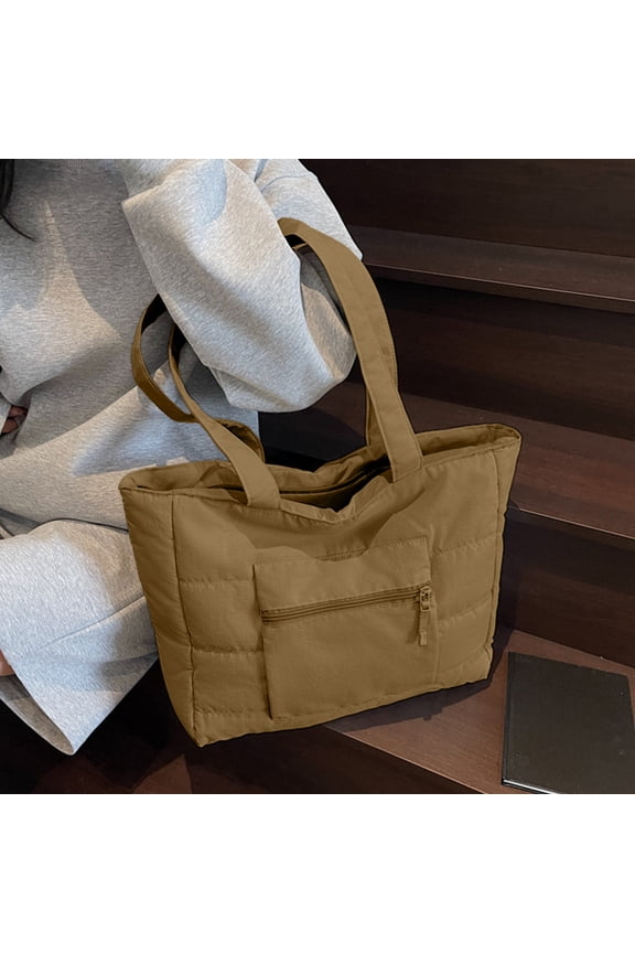 Fashion Solid Nylon Tote Bag, Women Trendy Underarm Shoulder Bags, Crossbody Purse Satchel, Travel Commuter Tote Handbag with Zipper (Khaki)