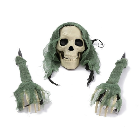 AUHomi Halloween Decorations Crawling Zombie, Scary Zombie Props for Halloween Yard Garden Decor, Realistic Crawling Skeleton Head Arm Simulation Props for Parties and Events (Green)