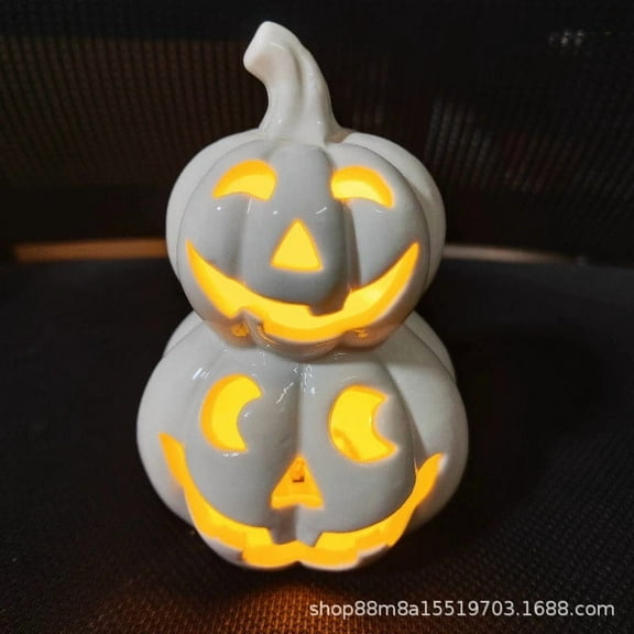 AUHomi Halloween Pumpkin Lantern Tower, Gothic Pumpkin Light, Ceramics Pumpkin Spooky Lamp for Halloween Indoor Outdoor Home Party Decorative, Desktop Decoration and Setting Scene Ornaments (White)