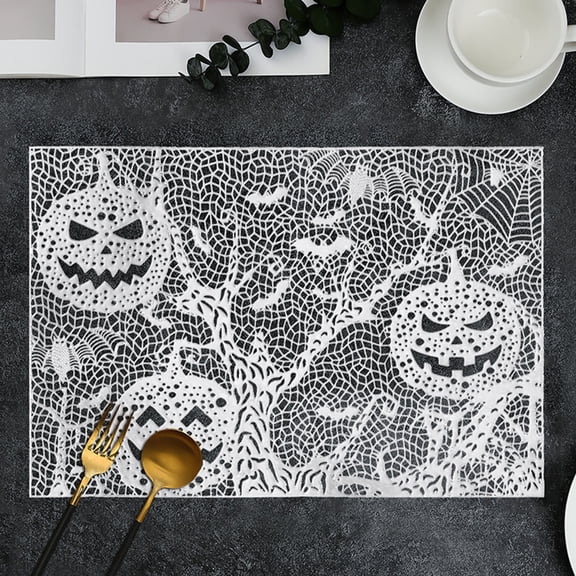 AUHomi Halloween Pumpkin Spider Web Placemat Coaster, 1PC Tableware and Kitchen Halloween Dinner Party Decorations, PVC Waterproof and Oil Resistant Placemat (Silver)