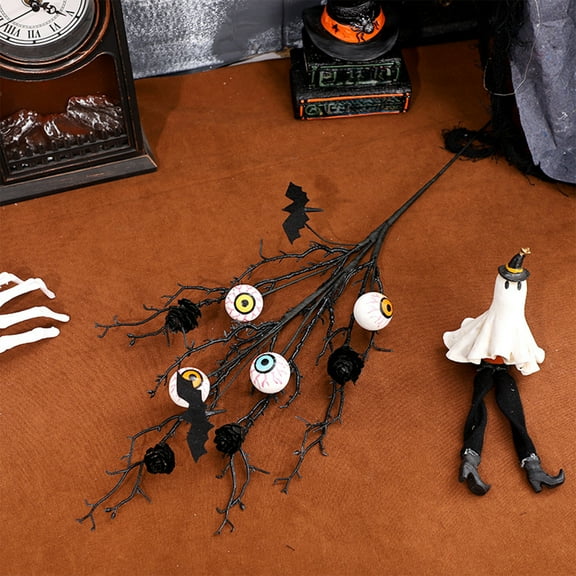 AUHomi Halloween Simulation Eyeball Branch, 19.7inch Long Stem Faux Dry Branches with Weird Bats, Haunted House Vases Fillers Floral Arrangement, Halloween Home Decoration