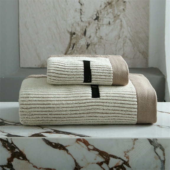 AUHomi Hand Towels Bath Towels Set of 2, Pure Cotton Absorbent Beige Ribbed Striped Brown Border Decorative Bath Hand Towels for Bathroom Gym Camping, Soft and Skin-Friendly