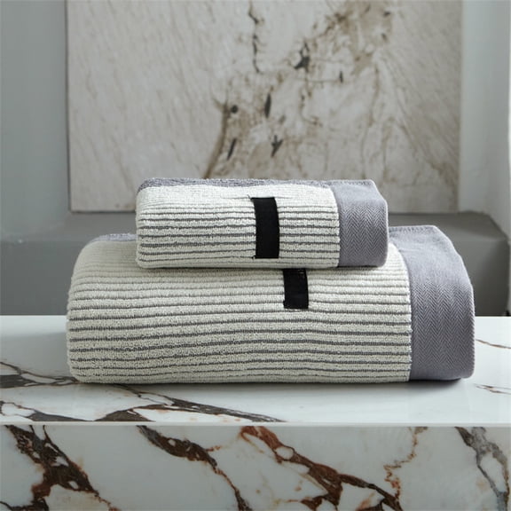 AUHomi Hand Towels Bath Towels Set of 2, Pure Cotton Absorbent Beige Ribbed Striped Gray Border Decorative Bath Hand Towels for Bathroom Gym Camping, Soft and Skin-Friendly