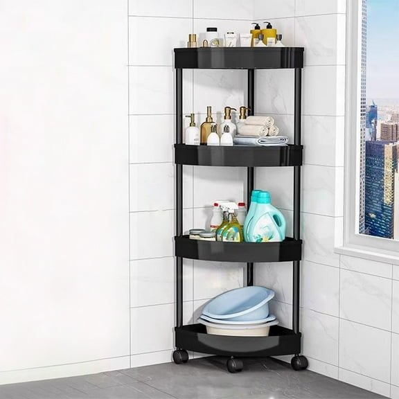 AUHomi Home Light Duty Plastic Storage Racks, 4 Tier Corner Shelf with Wheels Shower Caddy Shelf Rack Corner Standing Shower Stands for Living Room Bathroom Kitchen, Wall Corner Bookshelf(Black)