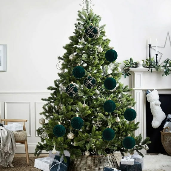 AUHomi Large Velvet Christmas Ball Ornaments - 2.4x2.8 Inch Flocked Christmas Balls, Shatterproof Decorative Hanging Ornaments Set for Xmas Tree Holiday Wedding Party Decor (Green, 12Pcs)