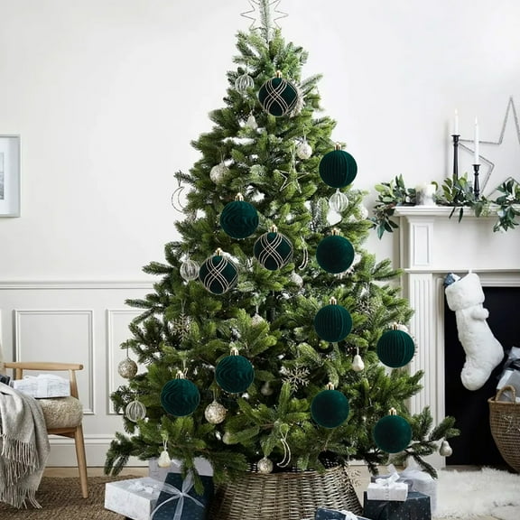 AUHomi Large Velvet Christmas Ball Ornaments - 2.4x2.8 Inch Flocked Christmas Balls, Shatterproof Decorative Hanging Ornaments Set for Xmas Tree Holiday Wedding Party Decor (Green, 12Pcs)