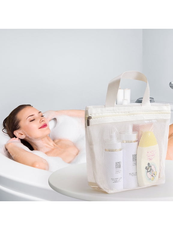 Mesh Shower Caddy Portable Shower Bag with Zipper & 2 Pockets. Tote Ideal for Gym, Travel, Camp, Beach, for Sunscreen, Dorm & College Essentials (White)