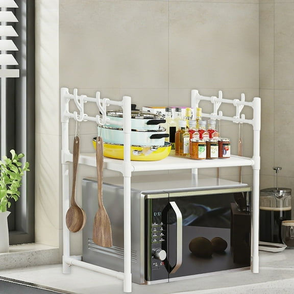AUHomi Microwave Oven Rack, Expandable Microwave Stand Countertop Kitchen Utensils Tableware Storage, Plastic Over Microwave Shelf Countertop 1 Tier with 4 Hooks (White)