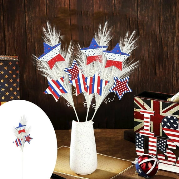 AUHomi Patriotic Artificial Flowers Red White Blue Berry Stems Picks, 4th of July Faux Pampas Grass with Plastic Stars for Independence Day Memorial Day Home Office Table Decor (1PCS)