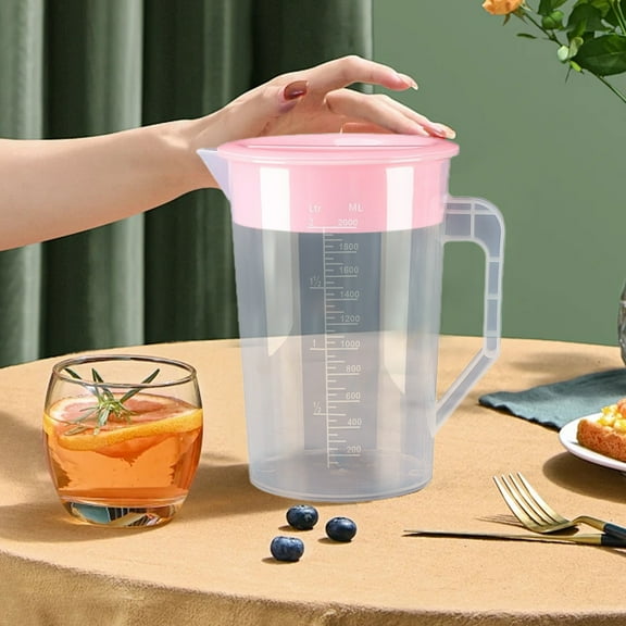 AUHomi Plastic Pitcher with Lid Scale 2L Hot/Cold Water Carafe, Transparent Food-Grade Large Capacity Kettle, Juice Jar and Iced Tea Pitcher, Easy To Clean, Pink