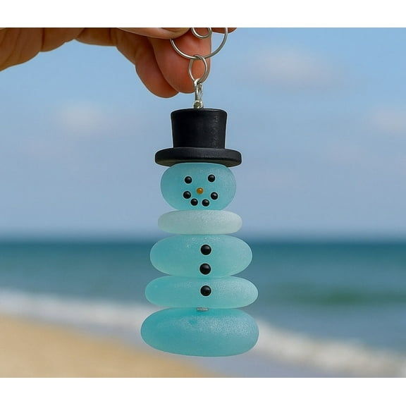 AUHomi Seaside Treasures Christmas Sea Glass Ornaments, Handmade Coastal Holiday Decor with Gnome, Santa, Snowman & Angel, Glass Xmas Tree Hanging Ornament, Sea Glass Decorations (Snowman)