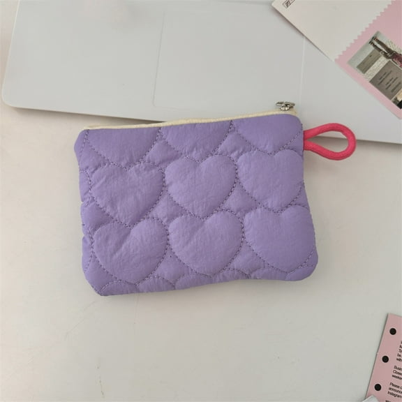 AUHomi Small Soft Heart Quilted Puffy Makeup Bag, Clutch for Women, Cute Aesthetic Puffer Cosmetic Bag Pouch, Mini Striped Color-blocked Cosmetic Bag, Portable Cosmetic Bag (Purple)