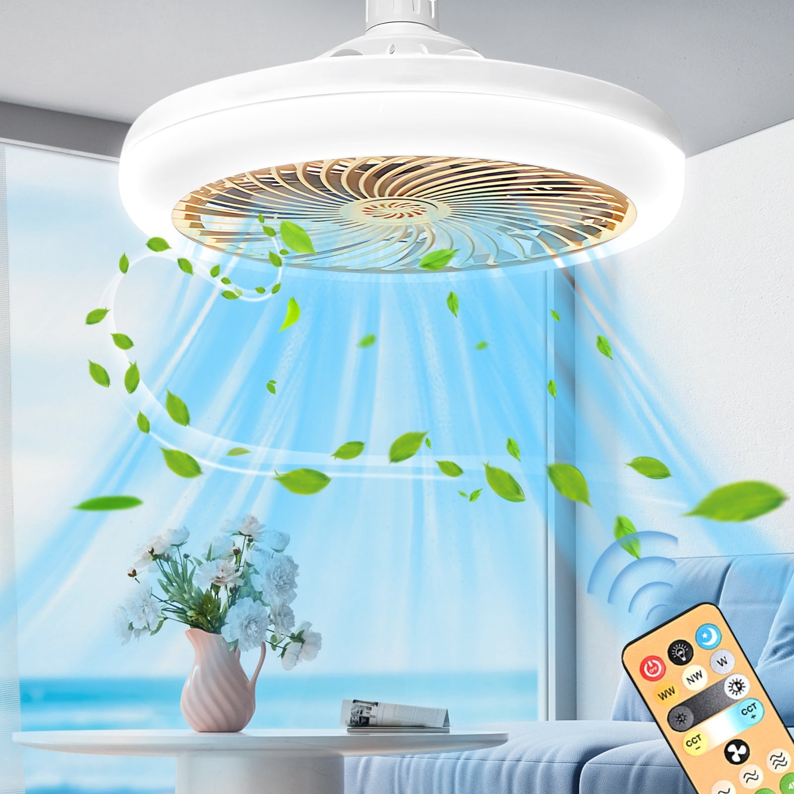 Socket Ceiling Fan With Light & Remote – 4W Fan, 30W LED, E27 Screw-in, 86-265V, For Kitchen, Bathroom, Garage (Yellow)