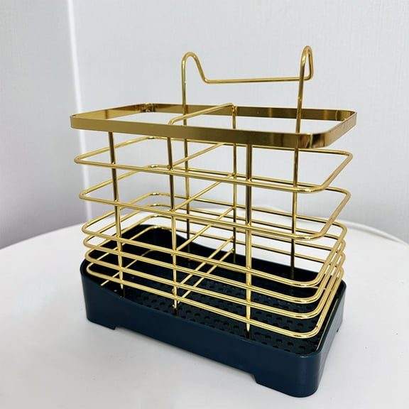 AUHomi Utensil Holder for Kitchen Counter, Stainless Steel Utensil Drying Rack with 2 Compartments for Kitchen Countertop, Cooking Cutlery Silverware, Forks, Knives, Spoons Organizer, Gold