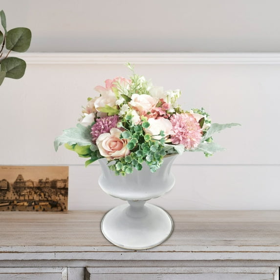 AUHomi Vintage Metal Urn Planter, Small Roman Flower Pot, Table Centerpiece Trumpet Vase Farmhouse Table Centerpiece Flower Bucket Decorative Trumpet Vase for Home Wedding Indoor Outdoor (White)