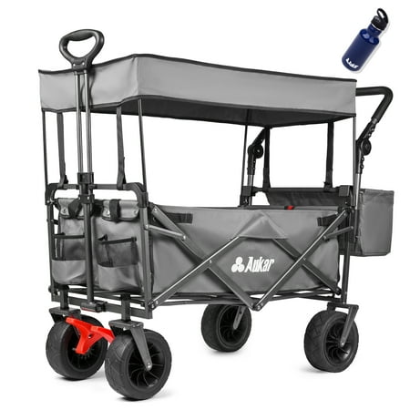 AUKAR Collapsible Beach Wagon with Canopy, Gray - Big Wheels, Push and Pull Handle