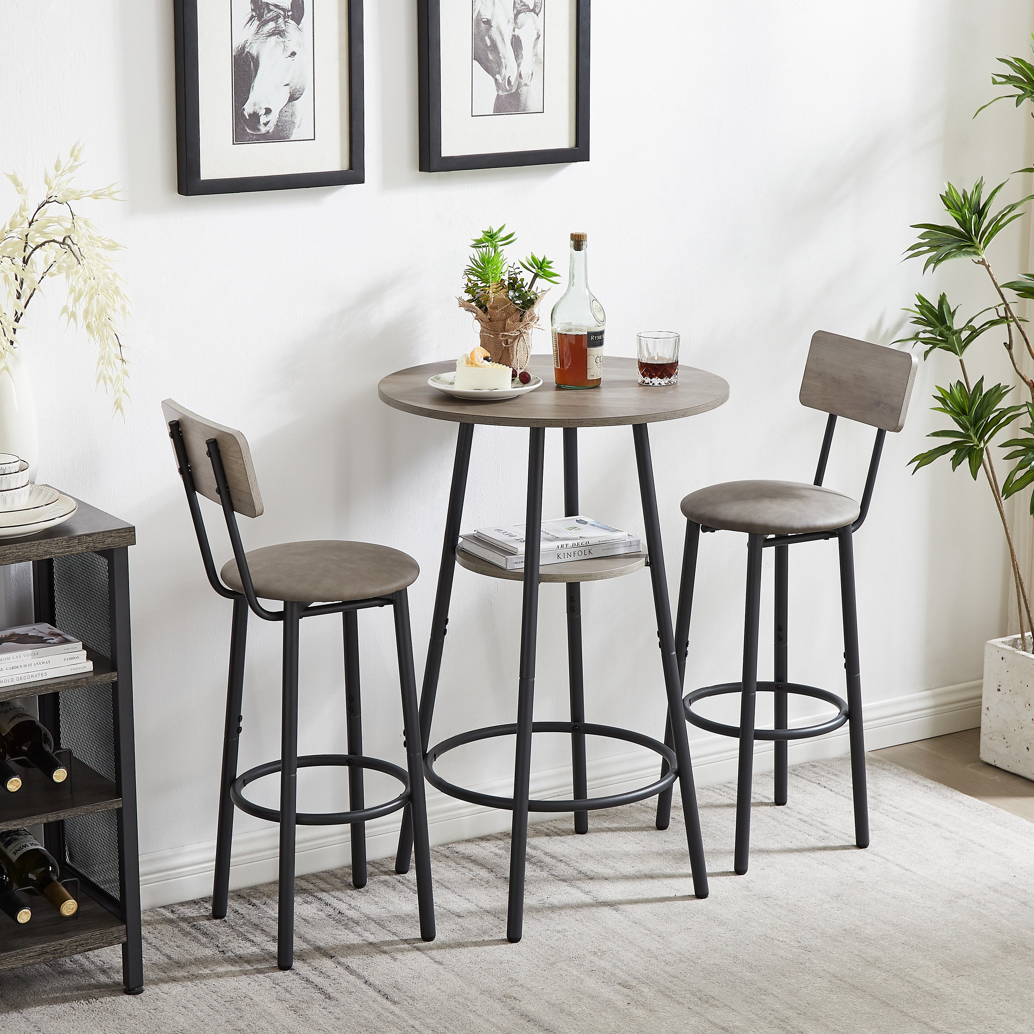 AUKFA 3-Piece Bar Table Set, Pub Dining Table, PU Upholstered Stools with Backrest for Kitchen Small Space, Gray