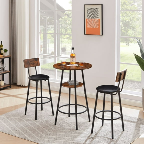 AUKFA 3-Piece Bar Table Set, Pub Dining Table & PU Upholstered Stools with Backrest for Kitchen Small Space, Rustic Brown