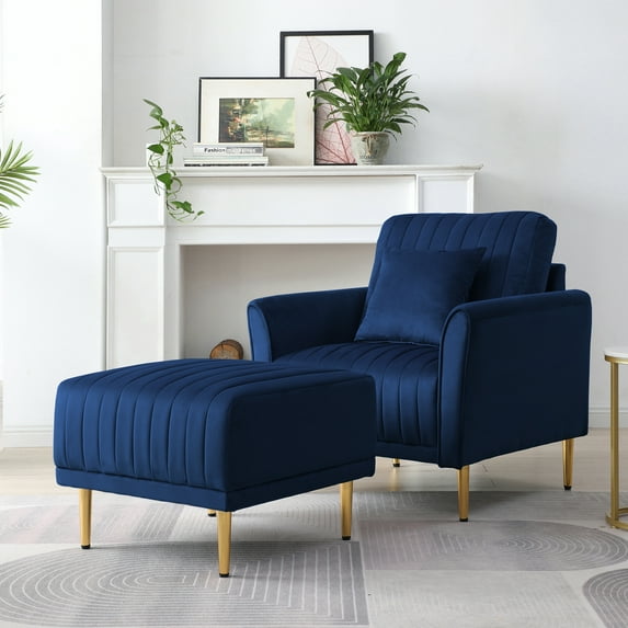AUKFA Velvet Stripes Accent Armchair with Ottoman for Living Room Bedroom,Blue