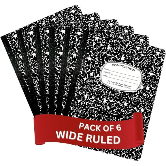 AUKSales Composition Book Wide Ruled 100 Sheet Black Marble Notebook, 6-Pack