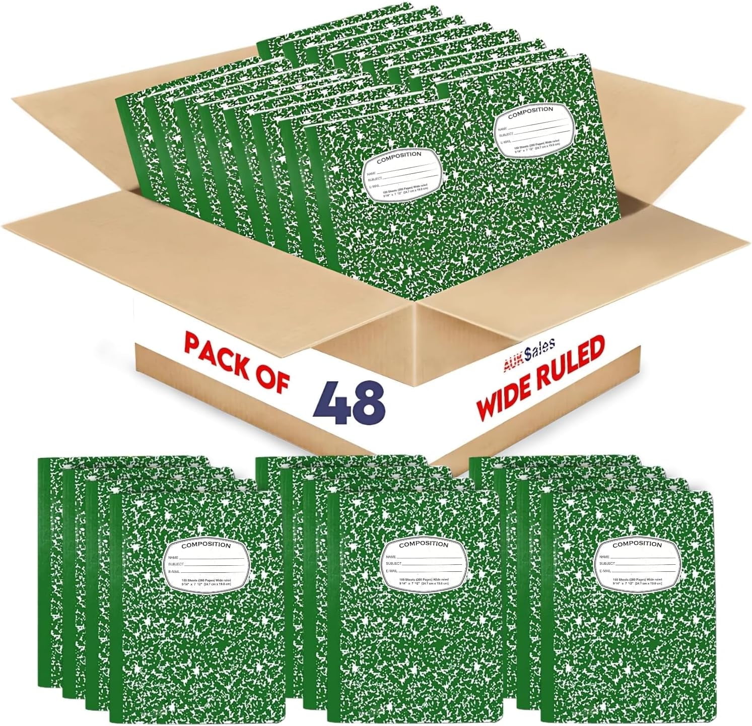 AUKSales Composition Notebook 9-3/4" x 7-1/2", Wide Ruled | Case Pack of 48 | Marble Cover -100 Sheets | Ideal for bulk buyers, retailers and wholesalers | Green