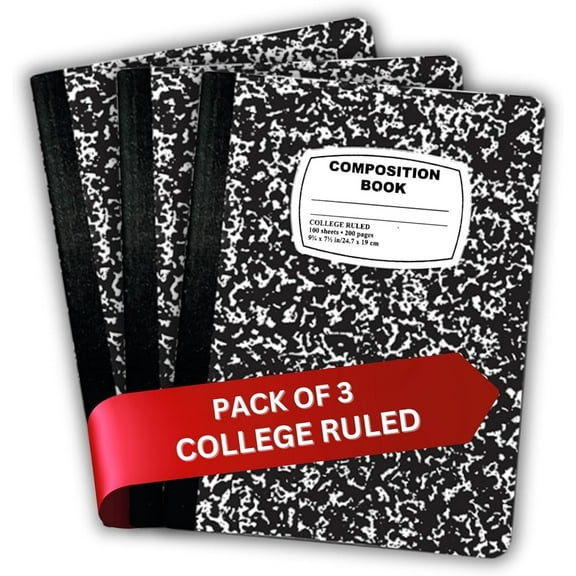 AUKSales Composition Notebook College Ruled Composition Notebooks, Value Pack, 9-3/4" x 7-1/2", Black, 100 Sheets, 3 Count, 3 Pack